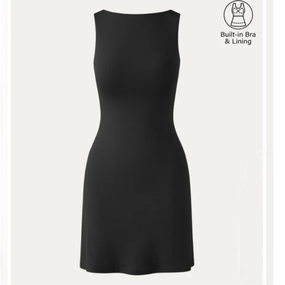 OGL Black Cooling Open Back Bandless Brami Boat Neck Mini Dress LBD Size XL - Picture 3 of 12